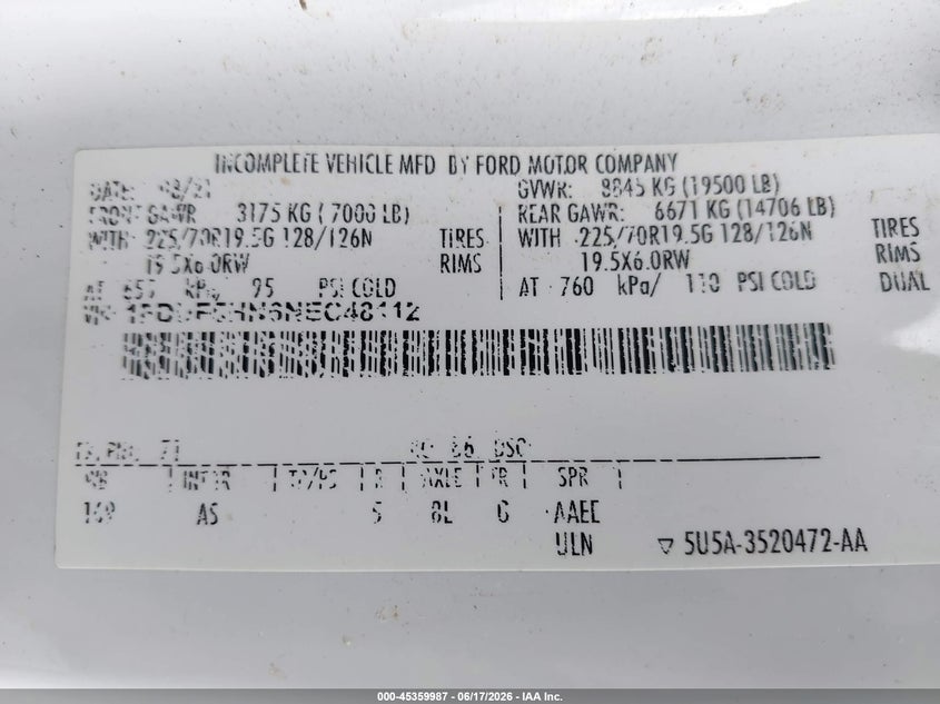 2022 Ford F-550 Chassis Xl VIN: 1FDUF5HN6NEC48112 Lot: 45359987