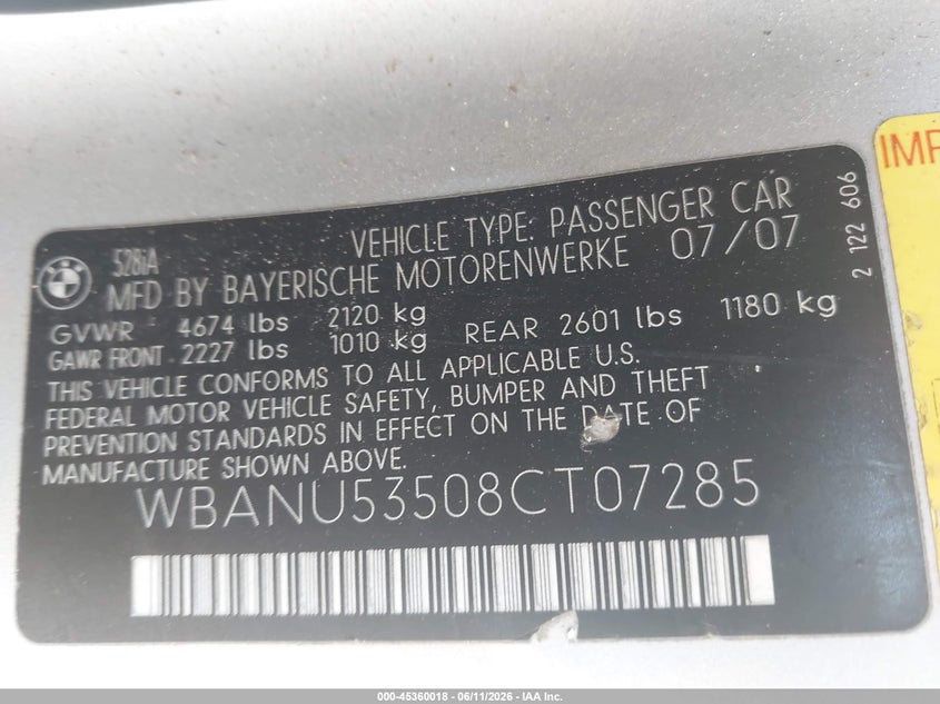 2008 BMW 528I VIN: WBANU53508CT07285 Lot: 45360018