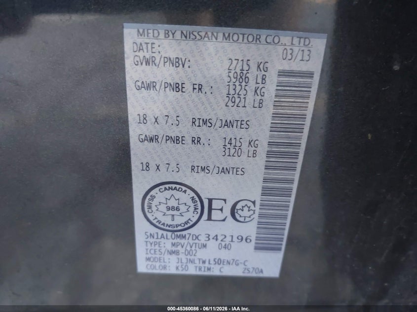 2013 Infiniti Jx35 VIN: 5N1AL0MM7DC342196 Lot: 45360086