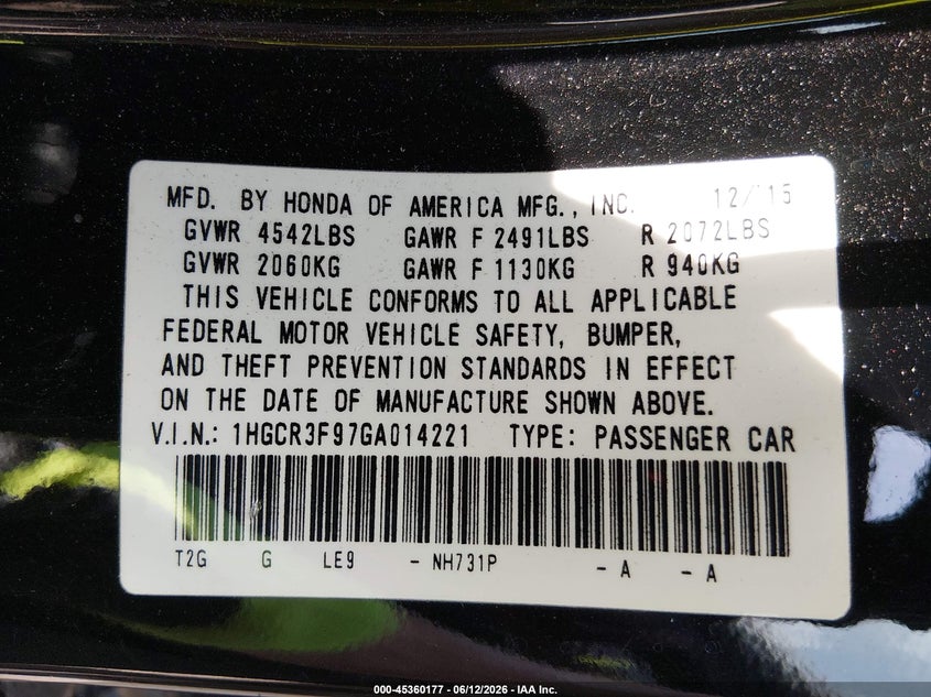 2016 Honda Accord Touring VIN: 1HGCR3F97GA014221 Lot: 45360177
