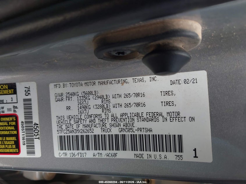 2021 Toyota Tacoma Trd Off-Road VIN: 5TFCZ5AN3MX262652 Lot: 45360204