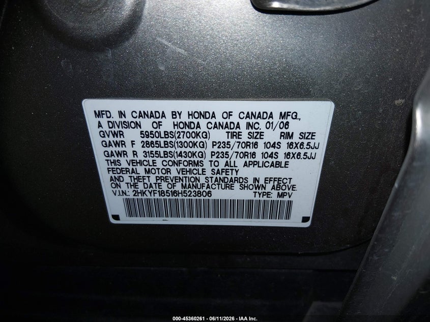 2006 HONDA PILOT SPORT UTILITY VEHICLE 3.5L V-6 VVT, 244HP