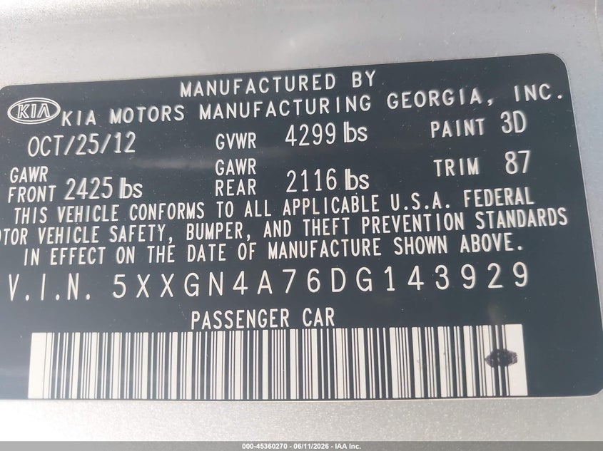 2013 Kia Optima Ex VIN: 5XXGN4A76DG143929 Lot: 45360270