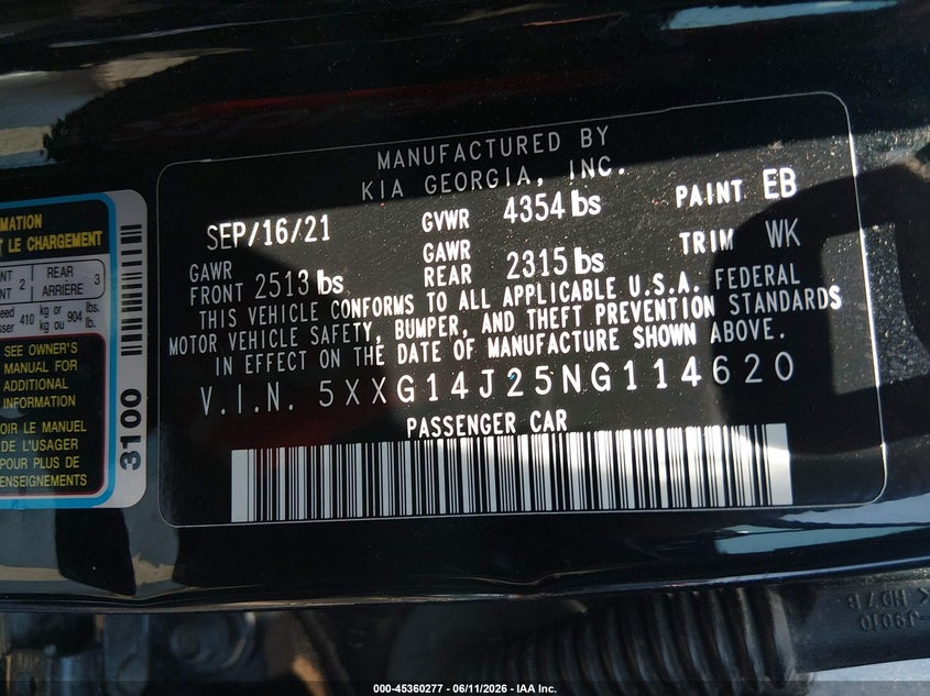 2022 Kia K5 Lxs VIN: 5XXG14J25NG114620 Lot: 45360277
