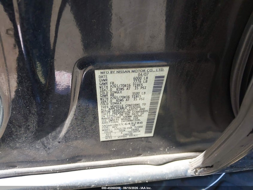 2007 Nissan Pathfinder Se VIN: 5N1AR18W37C649286 Lot: 45360289