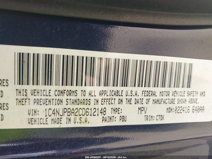 JEEP PATRIOT 2012 VIN 1C4NJPBA2CD612148