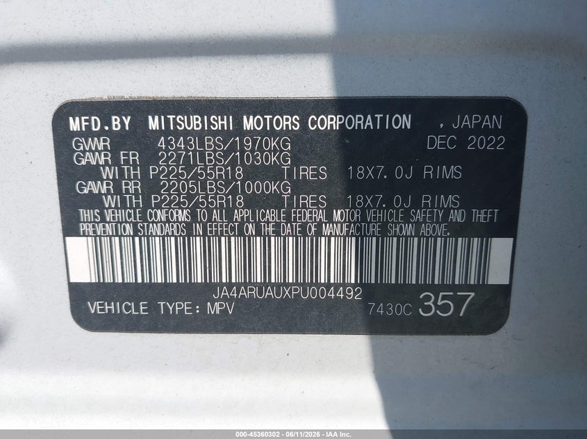MITSUBISHI OUTLANDER SPORT 2023 VIN JA4ARUAUXPU004492