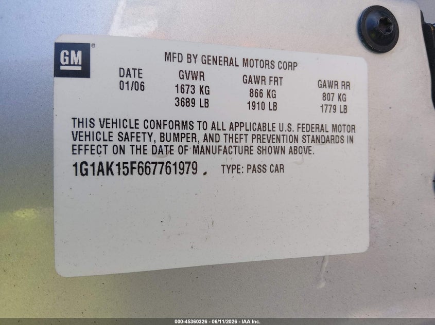 2006 Chevrolet Cobalt Ls VIN: 1G1AK15F667761979 Lot: 45360326