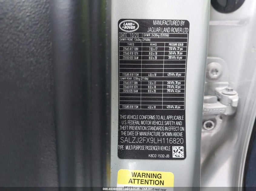 2020 Land Rover Range Rover Evoque S VIN: SALZJ2FX9LH116820 Lot: 45360330