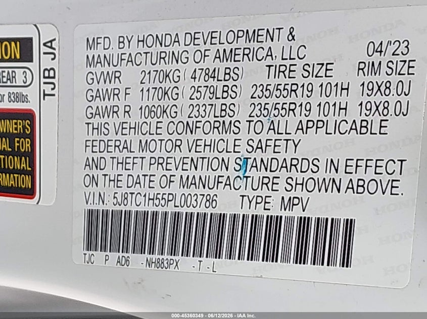 2023 Acura Rdx Technology Package VIN: 5J8TC1H55PL003786 Lot: 45360349