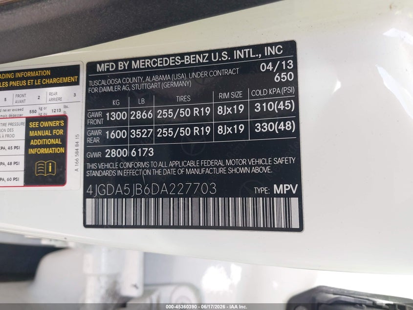 2013 Mercedes-Benz Ml 350 VIN: 4JGDA5JB6DA227703 Lot: 45360390