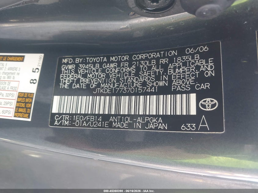 2007 Scion Tc VIN: JTKDE177370157441 Lot: 45360398