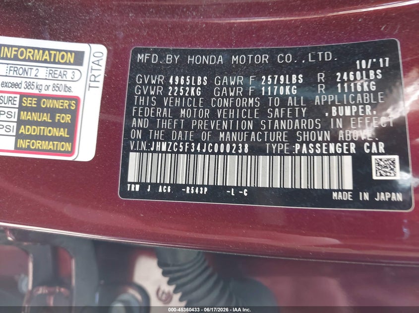 2018 Honda Clarity Plug-In Hybrid Touring VIN: JHMZC5F34JC000238 Lot: 45360433