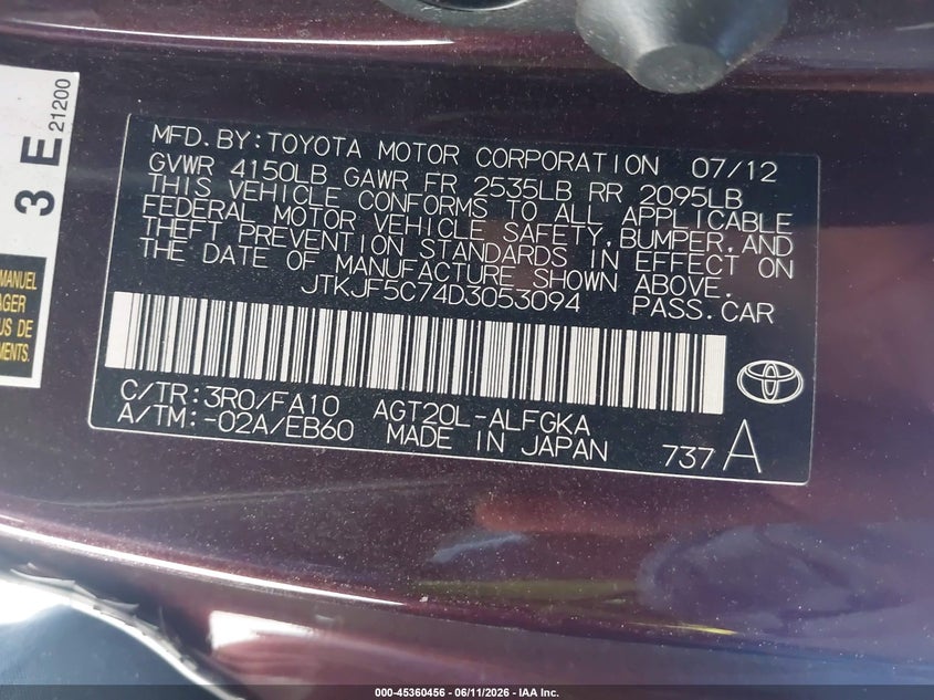 2013 Scion Tc VIN: JTKJF5C74D3053094 Lot: 45360456