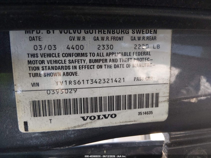 2004 Volvo S60 2.4 VIN: YV1RS61T342321421 Lot: 45360535