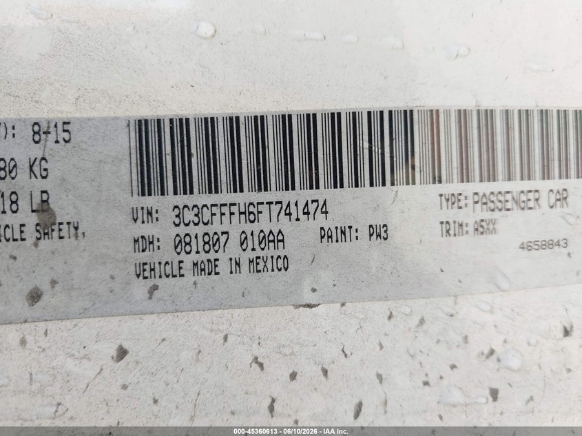 2015 Fiat 500 Abarth VIN: 3C3CFFFH6FT741474 Lot: 45360613