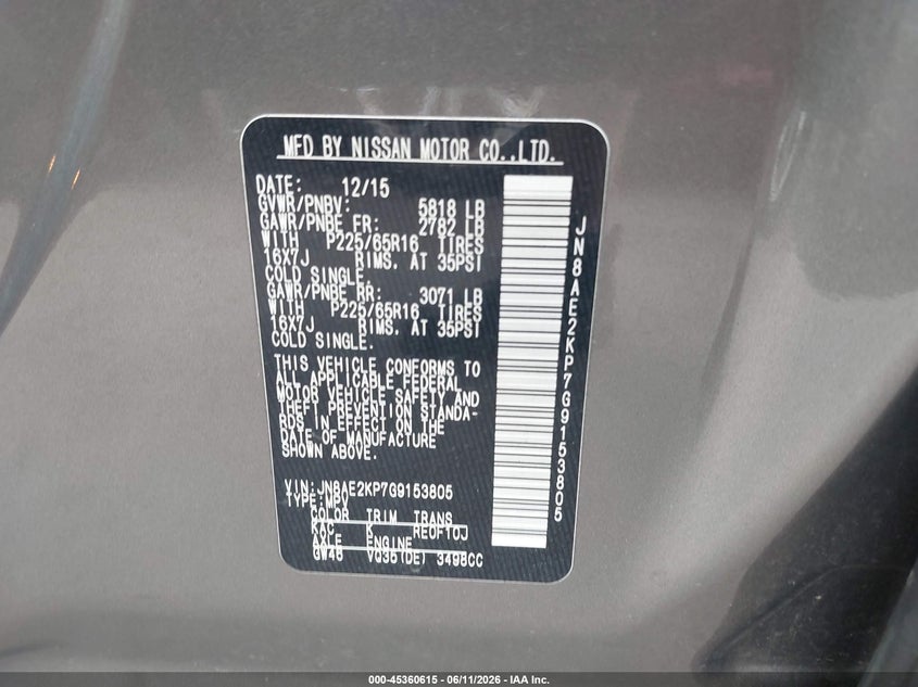 2016 Nissan Quest Platinum/S/Sl/Sv VIN: JN8AE2KP7G9153805 Lot: 45360615