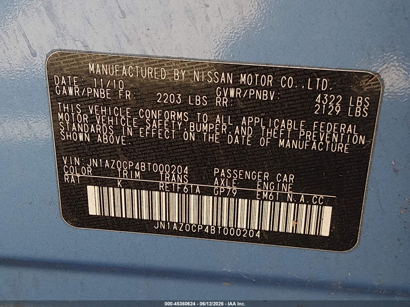 2011 Nissan Leaf Sl VIN: JN1AZ0CP4BT000204 Lot: 45360624