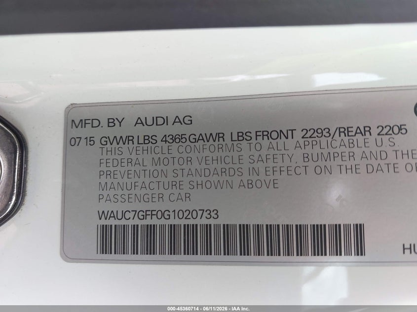 2016 Audi A3 1.8T Premium VIN: WAUC7GFF0G1020733 Lot: 45360714