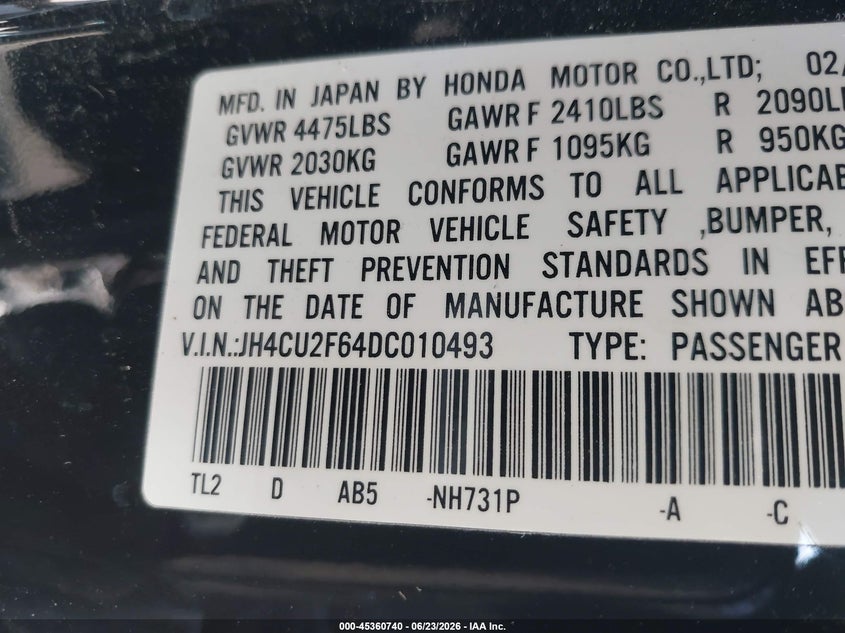 2013 Acura Tsx 2.4 VIN: JH4CU2F64DC010493 Lot: 45360740