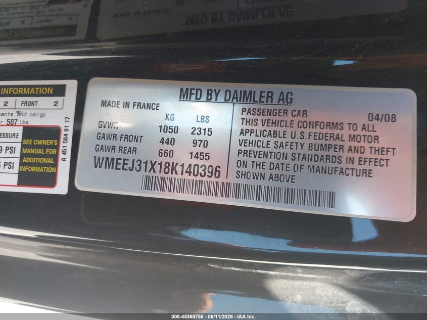 2008 Smart Fortwo Passion/Pure VIN: WMEEJ31X18K140396 Lot: 45360758