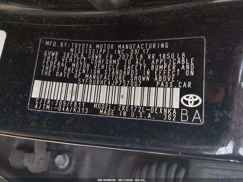2018 Toyota Corolla Le VIN: 5YFBURHE4JP757007 Lot: 45360760