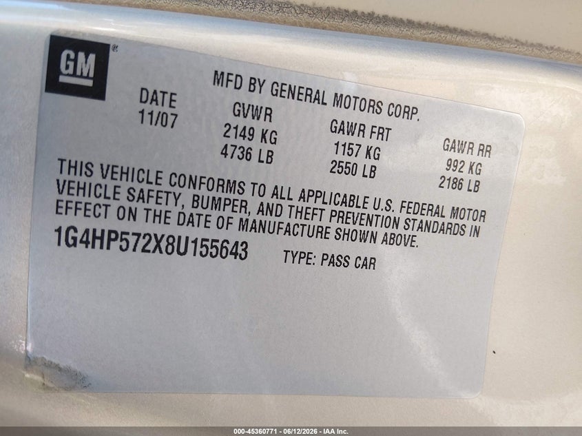 2008 Buick Lucerne Cx VIN: 1G4HP572X8U155643 Lot: 45360771