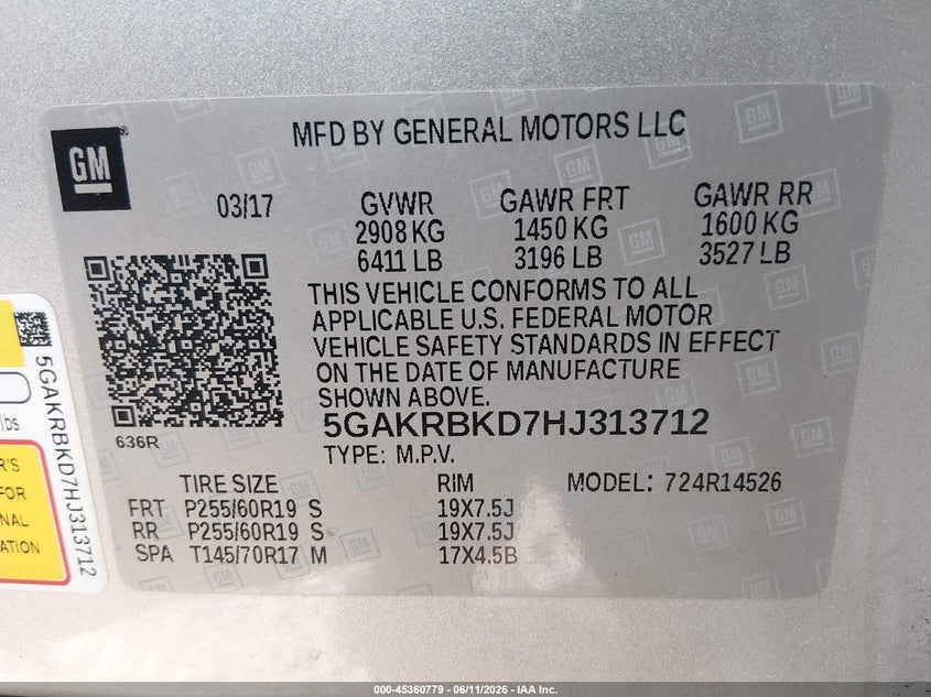 2017 Buick Enclave Leather VIN: 5GAKRBKD7HJ313712 Lot: 45360779