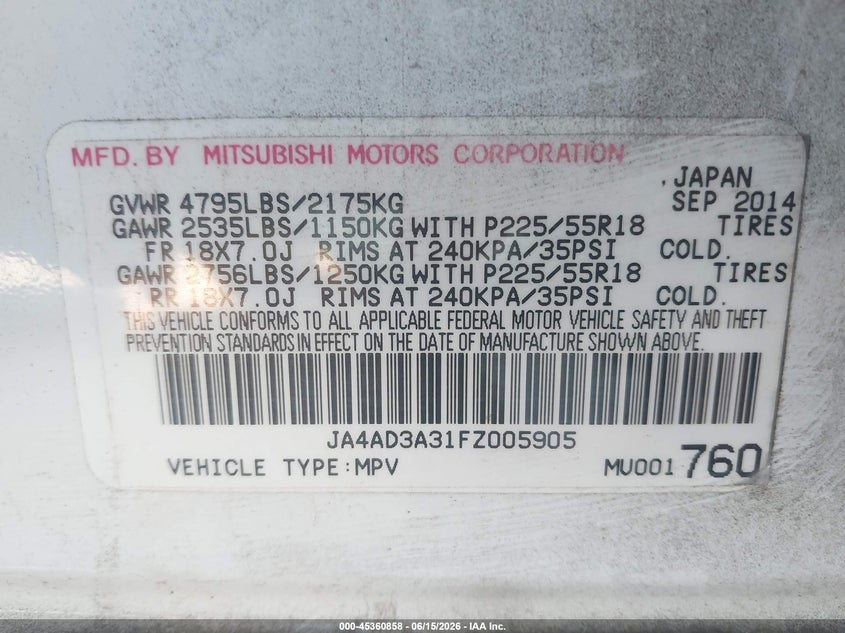 2015 Mitsubishi Outlander Se VIN: JA4AD3A31FZ005905 Lot: 45360858