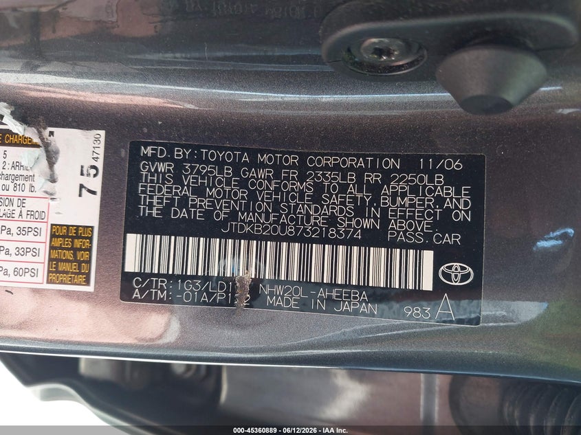2007 Toyota Prius VIN: JTDKB20U873218374 Lot: 45360889