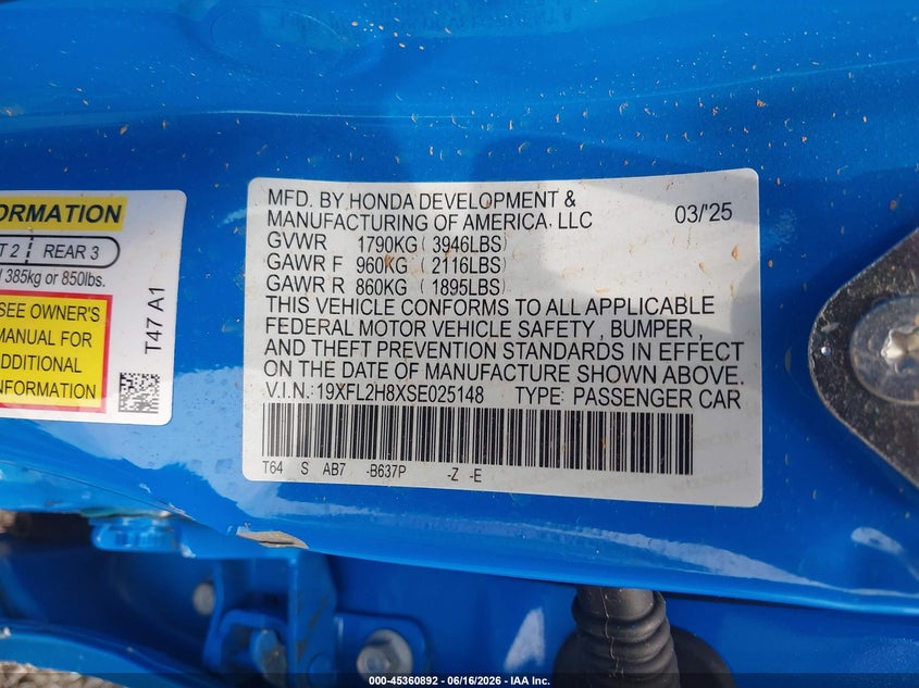 VIN 19XFL2H8XSE025148 2025 HONDA CIVIC SEDAN SPORT