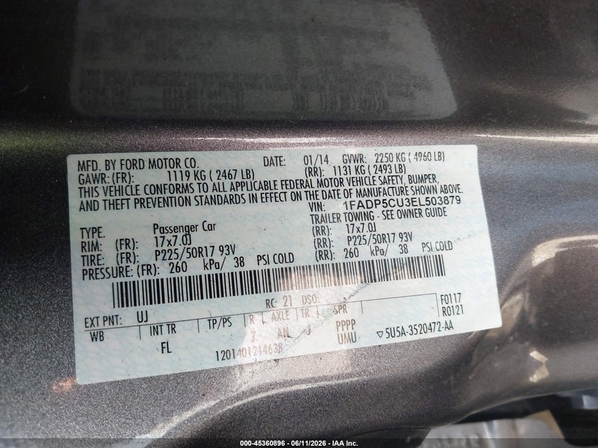 2014 Ford C-Max Energi Sel VIN: 1FADP5CU3EL503879 Lot: 45360896