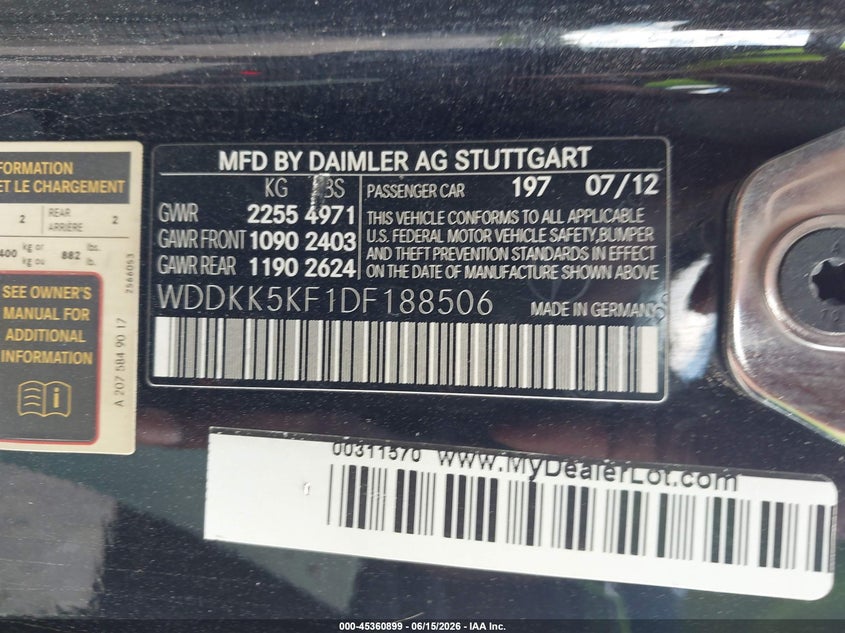 MERCEDES-BENZ E 350 2013 VIN WDDKK5KF1DF188506