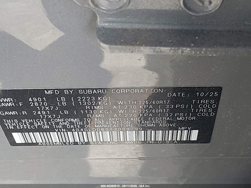 2026 Subaru Forester Premium VIN: 4S4SLDD60T3009799 Lot: 45360915