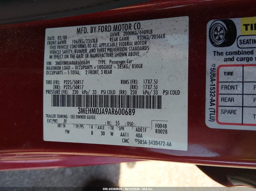 2010 Mercury Milan Premier VIN: 3MEHM0JA9AR600689 Lot: 45360935