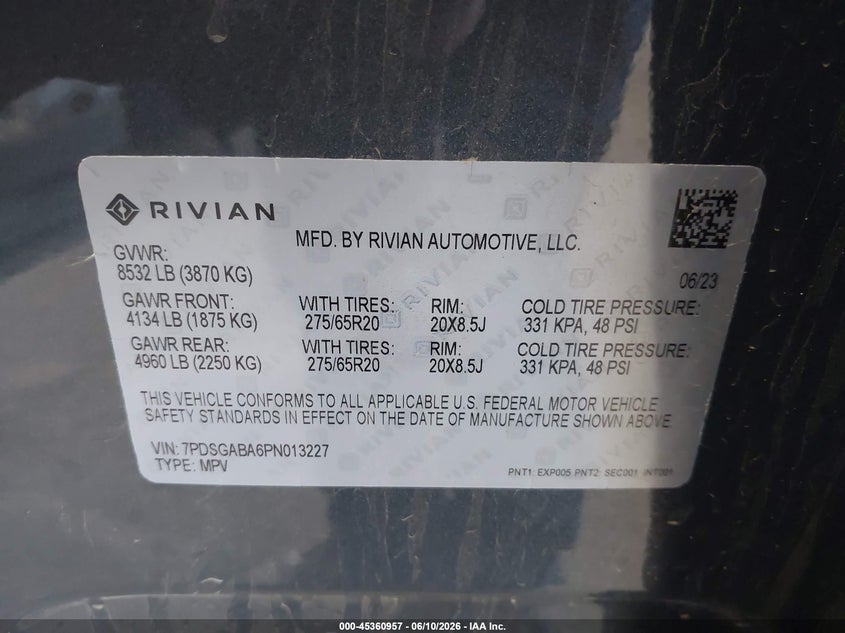 2023 Rivian R1S Adventure VIN: 7PDSGABA6PN013227 Lot: 45360957