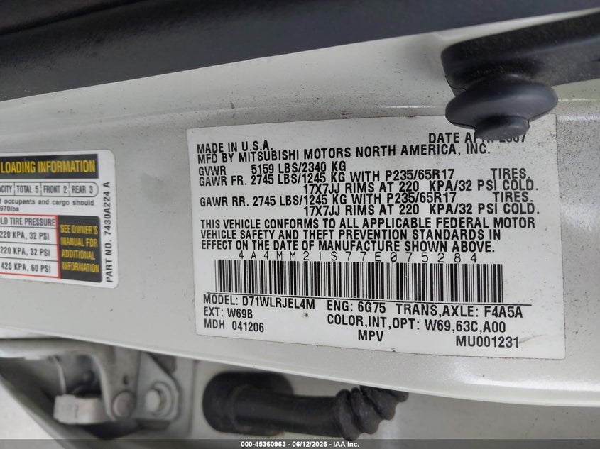 2007 Mitsubishi Endeavor Ls VIN: 4A4MM21S77E075284 Lot: 45360963