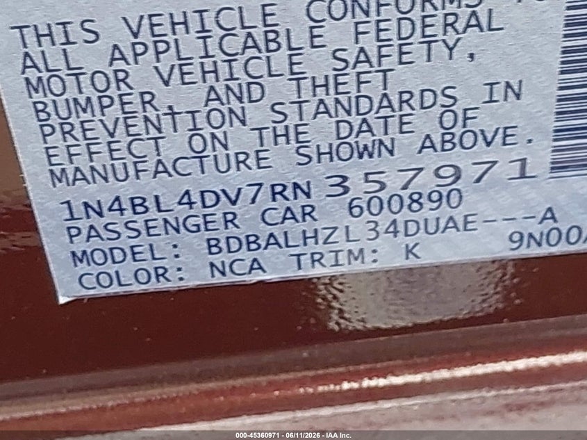 VIN 1N4BL4DV7RN357971 2024 NISSAN ALTIMA SV FWD
