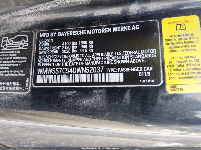 2013 Mini Paceman Cooper S VIN: WMWSS7C54DWN52037 Lot: 45361108