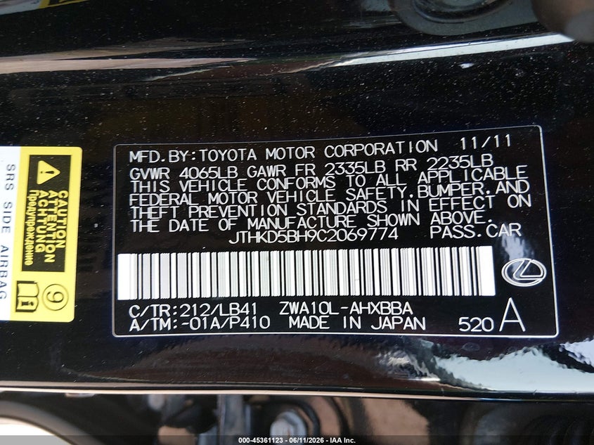 2012 Lexus Ct 200H Premium VIN: JTHKD5BH9C2069774 Lot: 45361123