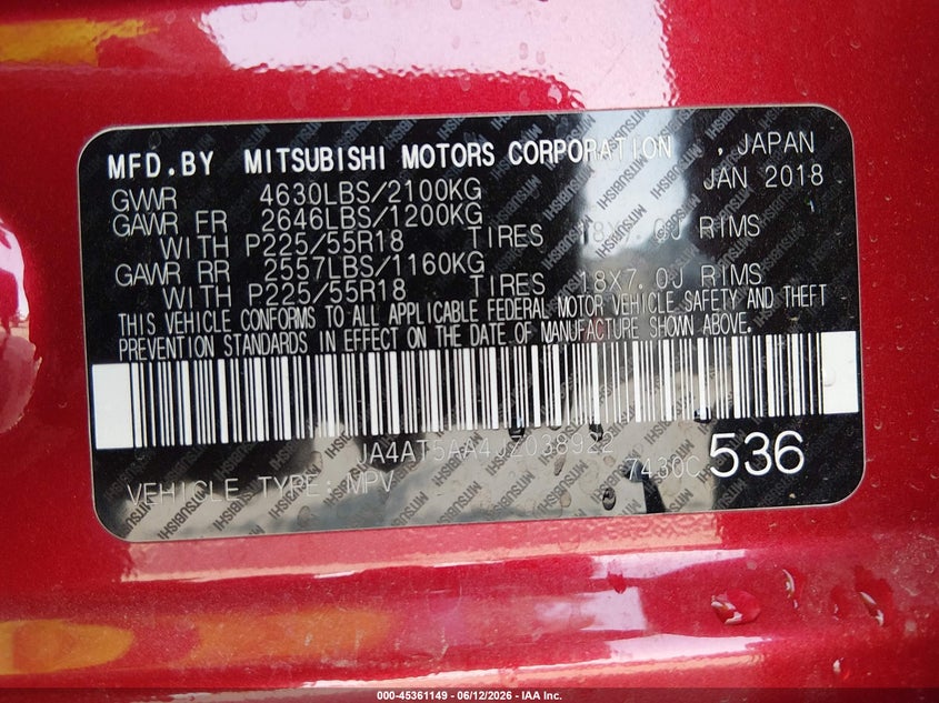 2018 Mitsubishi Eclipse Cross Se VIN: JA4AT5AA4JZ038922 Lot: 45361149