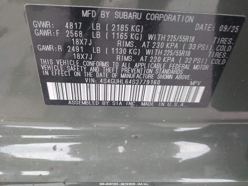 SUBARU CROSSTREK 2025 VIN 4S4GUHL64S3779160