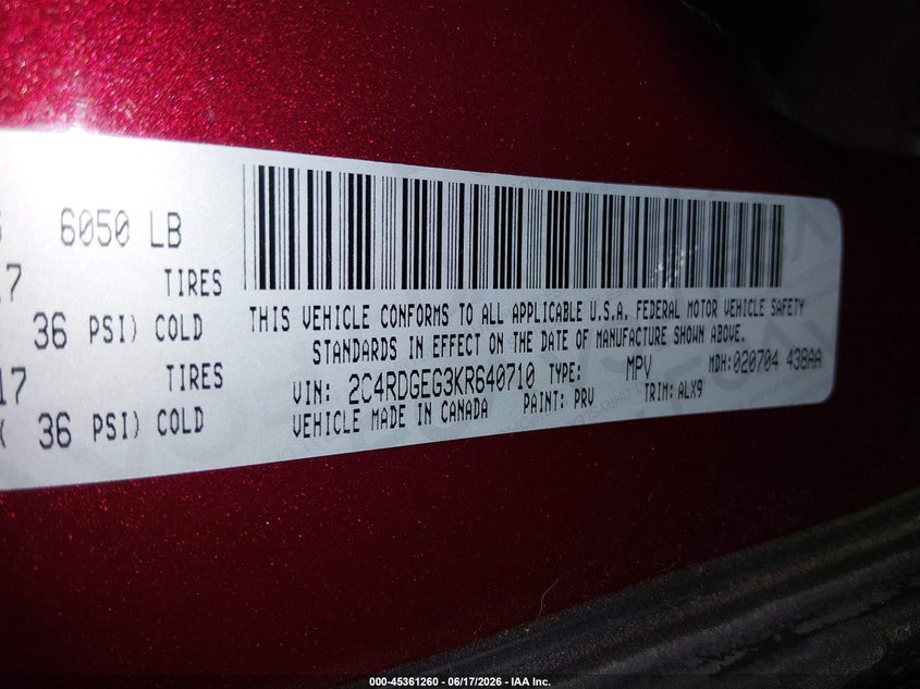 DODGE GRAND CARAVAN 2019 VIN 2C4RDGEG3KR640710