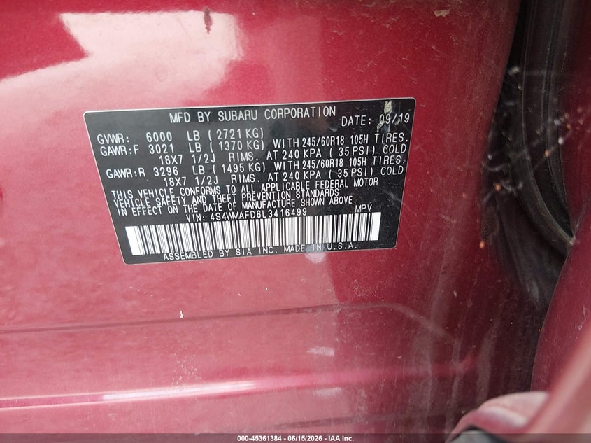 2020 Subaru Ascent Premium VIN: 4S4WMAFD6L3416499 Lot: 45361384