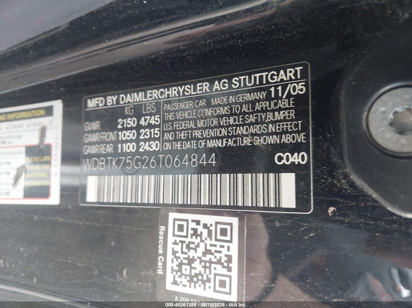 2006 Mercedes-Benz Clk 500 VIN: WDBTK75G26T064844 Lot: 45361386