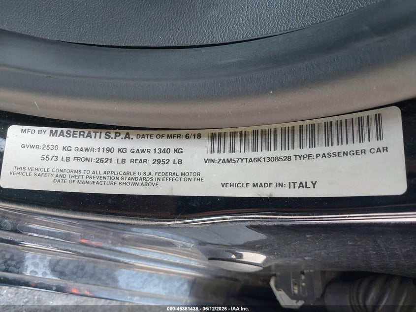 2019 Maserati Ghibli S Q4 VIN: ZAM57YTA6K1308528 Lot: 45361438