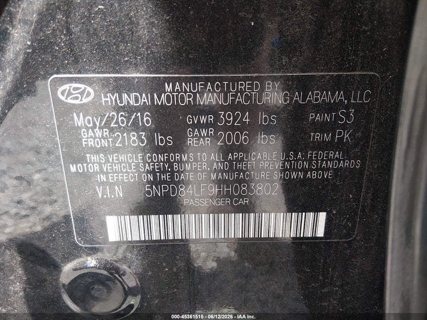 VIN 5NPD84LF9HH083802 2017 HYUNDAI ELANTRA SE