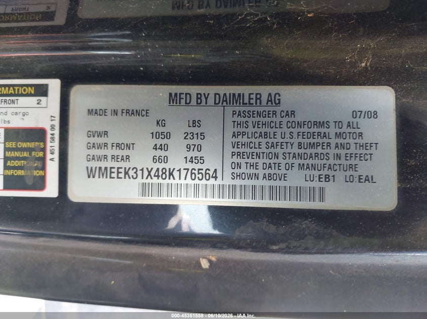 2008 Smart Fortwo Passion VIN: WMEEK31X48K176564 Lot: 45361558