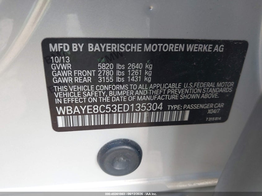 2014 BMW Alpina B7 VIN: WBAYE8C53ED135304 Lot: 45361563