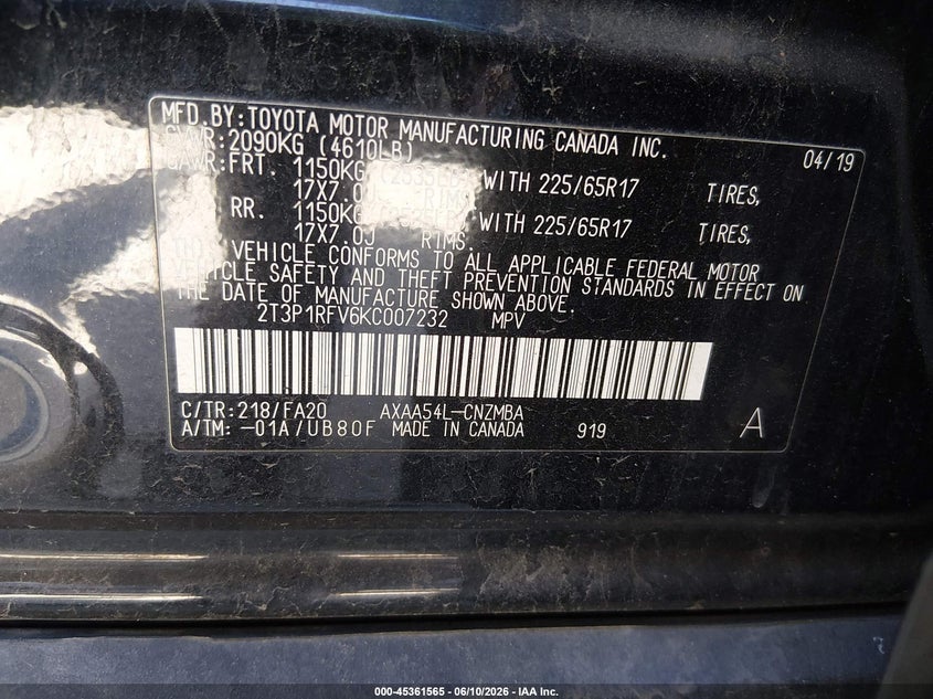 2019 TOYOTA RAV 4 SPORT UTILITY VEHICLE 2.5L I-4 DI, DOHC, VVT, 203HP